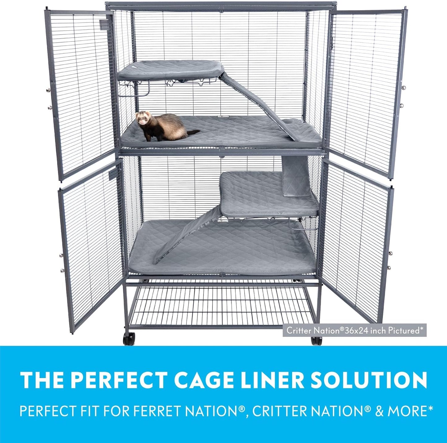 Paw Inspired Fitted Fleece Liners for Ferret Nation, Critter Nation Cage for Ferrets, Rats, Chinchillas, Hedgehogs & Other Small Animals (Gray, Double Unit Set)