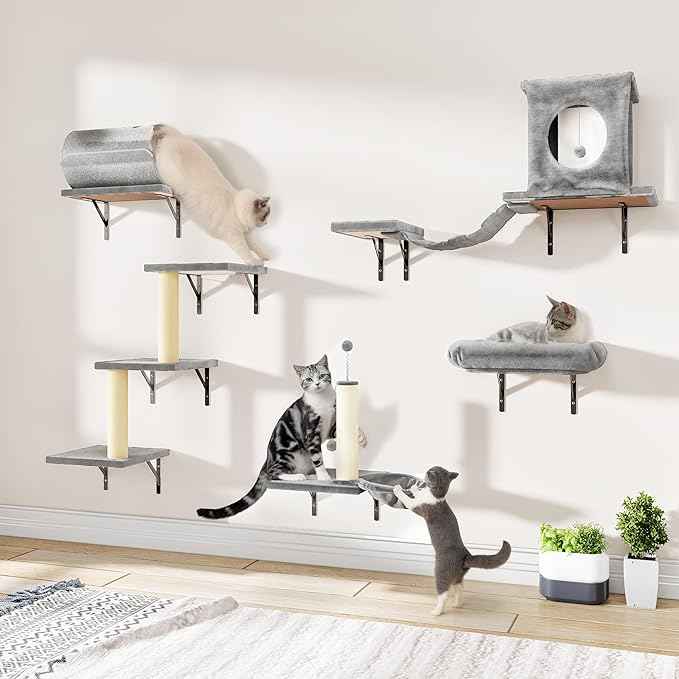 NUNU LAB Wall Mounted Cat Wall Shelves, 14-in-1 Cat Wall Climber with Bridge, Tunnel, House, Scratcher, Steps, Indoor Space-Saving Furniture for Kittens Play, Gray