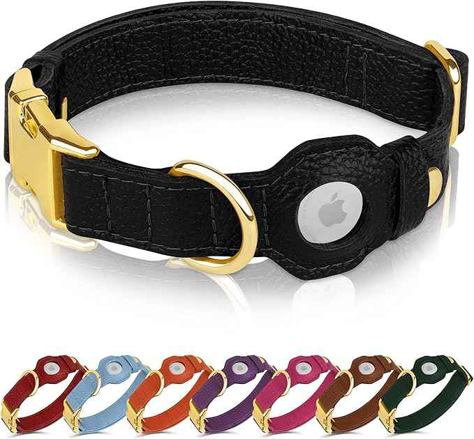 Leather Airtag Dog Collar - Soft Tracking Dog Collar with Apple AirTag Holder and Metal Buckle - Safety GPS Pet Collars for Small Medium Large Dogs Puppy Pink Red (Black, XS, 9"-12" Neck Fit)