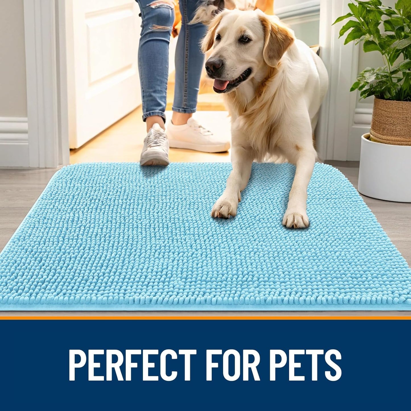 OLANLY Dog Door Mat for Muddy Paws 47x32, Absorbs Moisture and Dirt, Absorbent Non-Slip Washable Doormat, Quick Dry Chenille Mud Mat for Dogs, Entry Indoor Entryway Carpet for Inside Floor, Blue