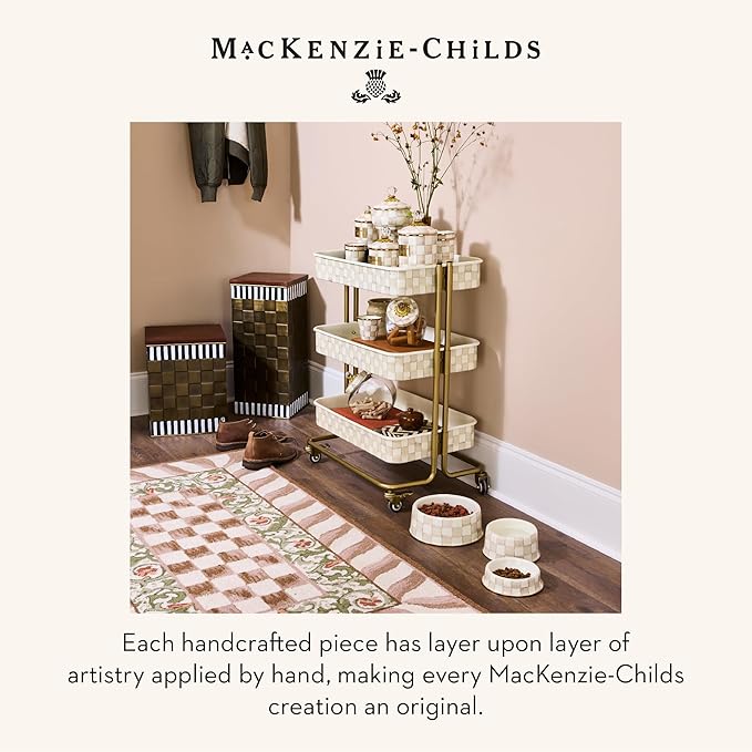 MACKENZIE-CHILDS Enamel Pet Bowl, Cute Cat and Dog Bowl for Food and Water, Medium, Brown-and-White Mocha Check