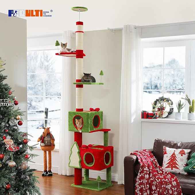 PEQULTI 90.9''-107.8'' Floor to Ceiling Cat Tree for Large Indoor Cats, Tall Christmas Cat Tower with 2 Spacious Condos, Bow Toy and Sisal-Covered Scratching Post & Pad Red/Green