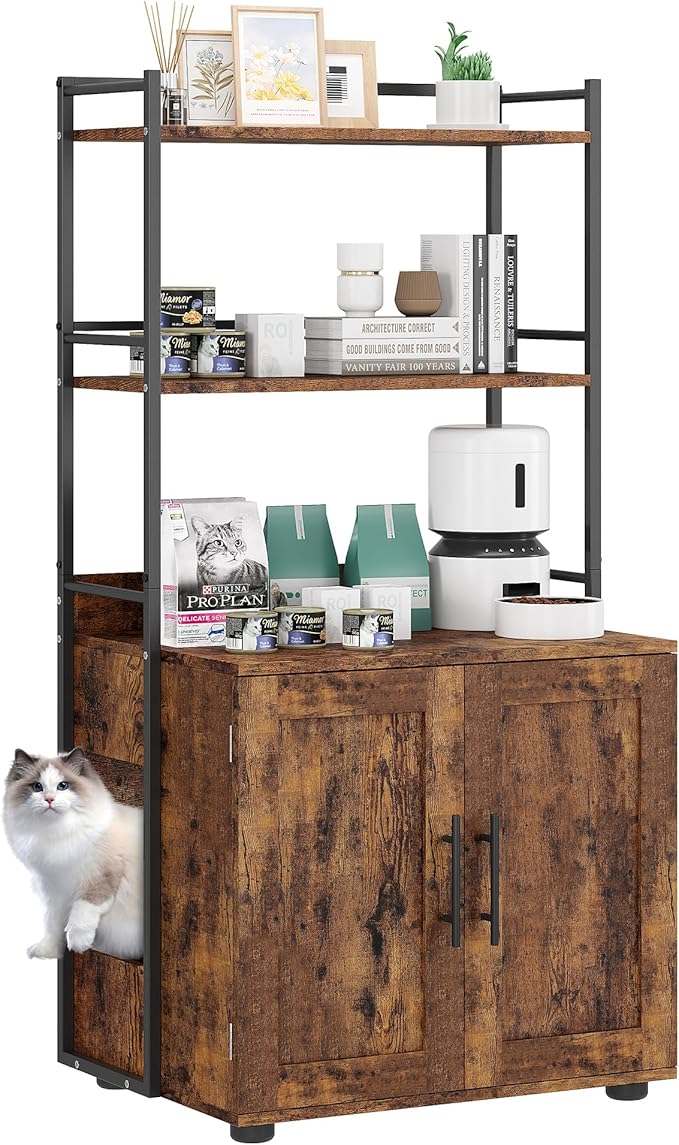 Cat Litter Box Enclosure, Hidden Litter Box Furniture with 3 Storage Shelves and Doors, Rustic Indoor Cat Cabinet, Multi-Functional Storage for Food, Cats Toilet Furniture