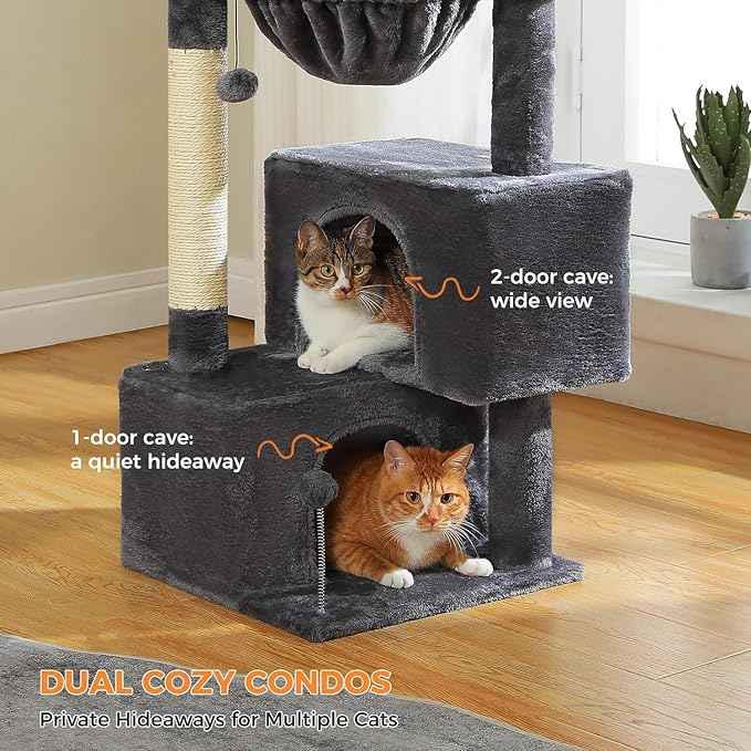 Cat Tree 45" for Indoor Cats, Compact Cat Tower with 2 Condos, Hammock Bed & 5 Hanging Ball Toys, Space-Saving Sturdy Cat Condo Furniture for Kittens & Small-Medium Cats