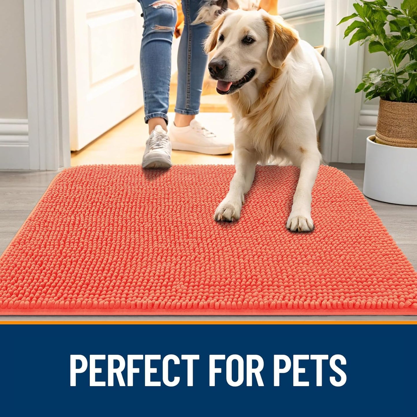 OLANLY Dog Door Mat for Muddy Paws 30x20, Absorbs Moisture and Dirt, Absorbent Non-Slip Washable Doormat, Quick Dry Chenille Mud Mat for Dogs, Entry Indoor Entryway Carpet for Inside Floor, Coral