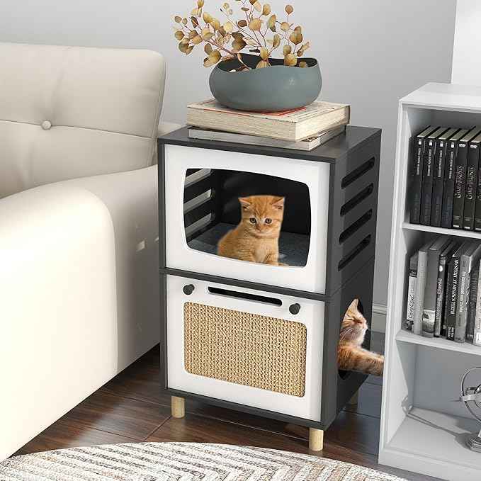 TaoHFE Cat Hideaway Modern Cats Furniture for Living Room Cat Houses for Indoor Cats with Scratching Pad & Soft Cushion, Cats Beds for Indoor TV Design end Table, Black