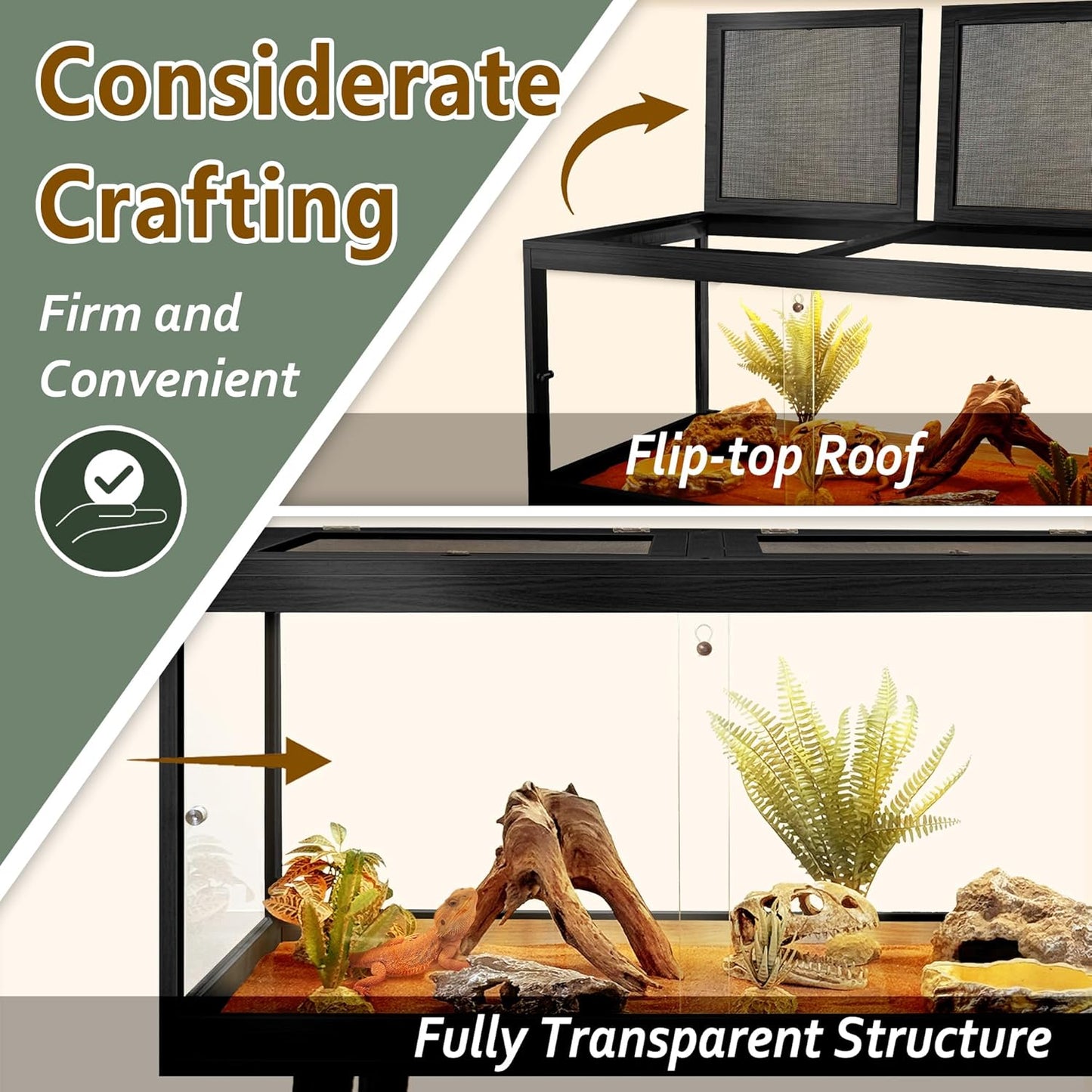 PROLEE Tempered Glass Reptile Enclosure with Leg,48“ Scratch-Proof Bearded Dragon Tank,79 Gallon Lizard Tank with Metal Mesh Tops and Lockable Door,Spacious Reptile Habitat for Snake,Lizard (Black) - FurryFun