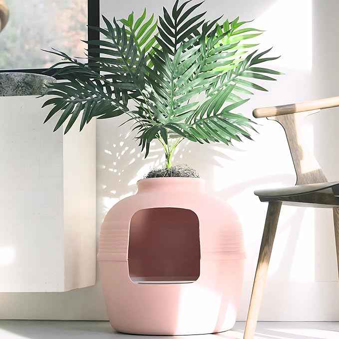 Good Pet Stuff Hidden Litter Box Planter, Decorative Cat Litter Enclosure with Carbon Filter, Artificial Plant, Easy Clean, Indoor Design, Original Round Style, Essentials Kit, Pink Coral