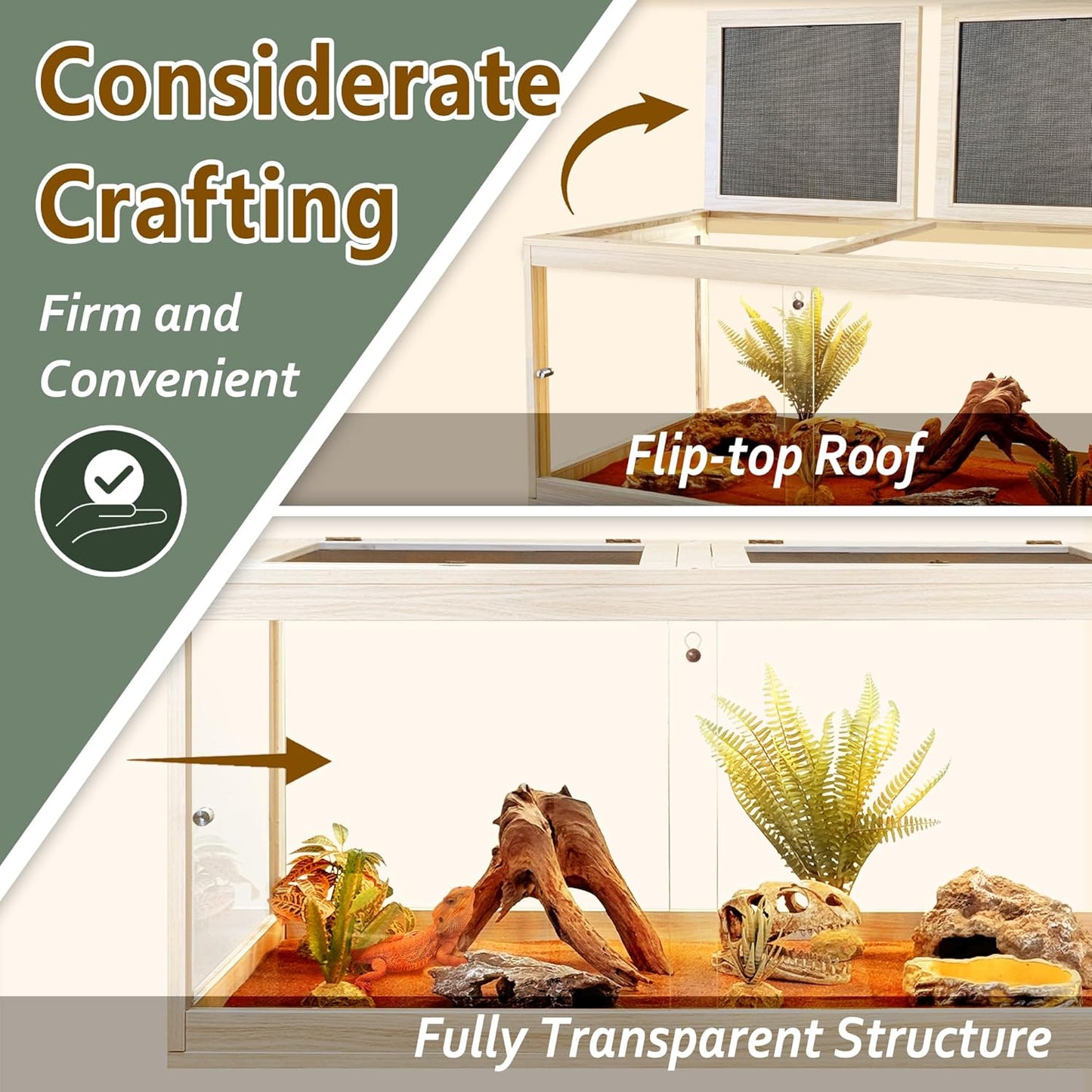 PROLEE Tempered Glass Bearded Dragon Tank,32 Gallon Reptile Tank with Meatl Mesh Roof and Front Sliding Door, Anti-Scratch Lizard Tank,Spacious Reptile Enclosure for Snakes,Lguanas, Chameleons (Oak) - FurryFun