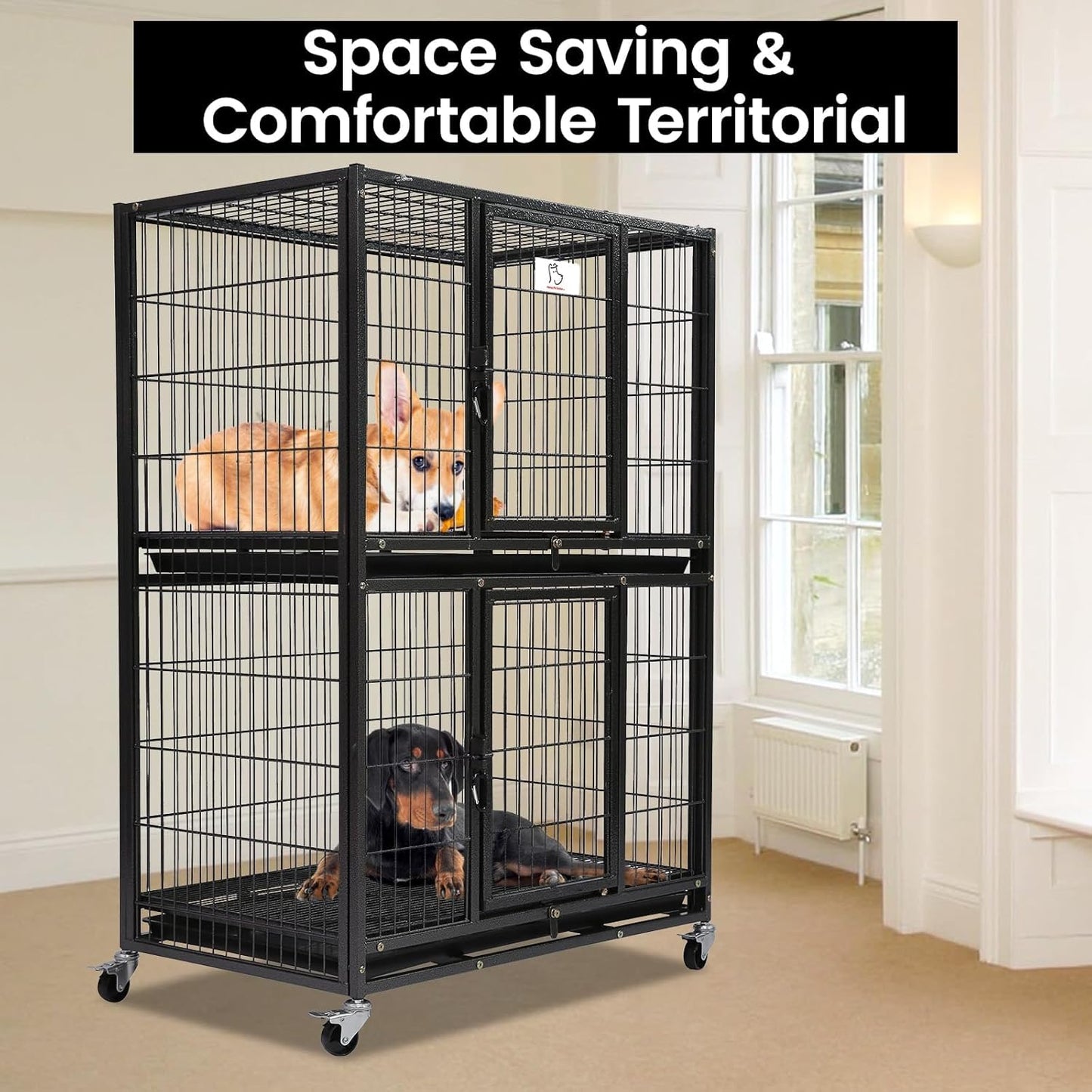 Homey Pet Six Packs 31 Inch Stackable Heavy Duty Dog Crate Cage Kennel with Four Lockable Wheels, Removable Tray, Escape Proof Wire Drop Dog Crates for Small Dogs (Two Tiers)
