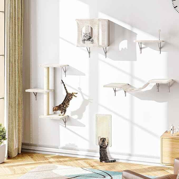 NUNU LAB Wall Mounted Cat Wall Shelves, 10-in-1 Cat Wall Climber with Kitten House, Bridge, Steps, Scratcher, Indoor Space-Saving Furniture for Kittens Play, Beige