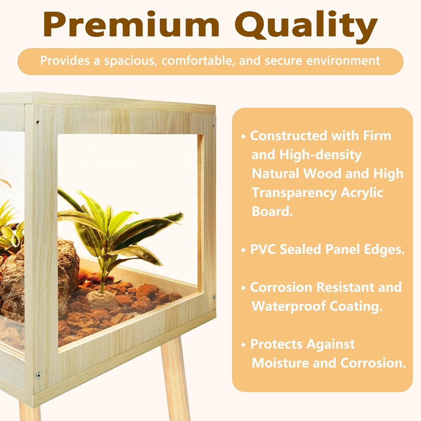 Bearded Dragon Tank with Legs Up to 77 Gallons, Tortoise Habitat with Metal Mesh Top, Reptile Enclosure Lockable Design, Snake Tank (Oak, 62 Gallon, 40" L x 20" W x 47.6" H) - FurryFun