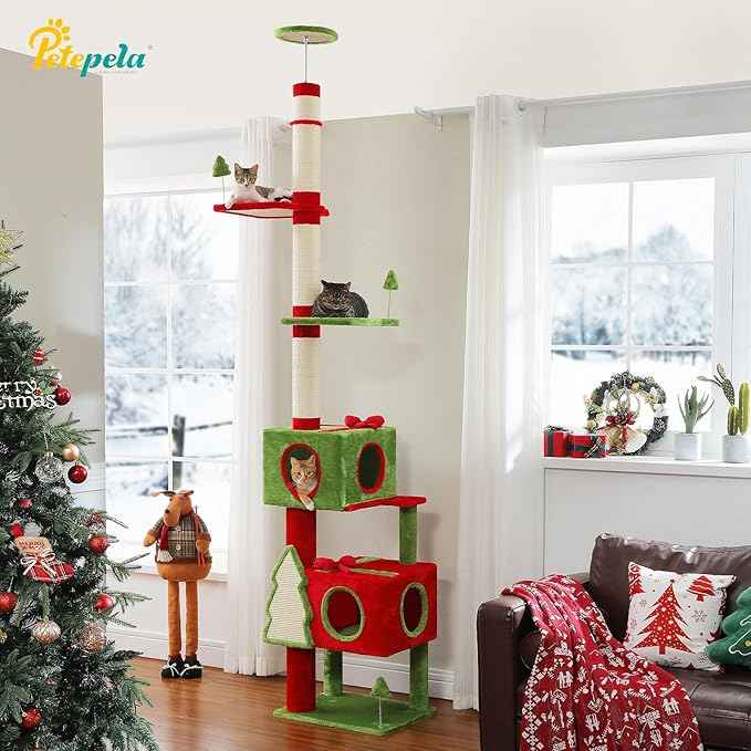 PETEPELA Floor to Ceiling Christmas Cat Tree, Tall Cat Tower (Adjustable Height 90.9-107.8 in) with 2 Large Condos, Scratching Posts & Detachable Cat Toys for Large Adult Cats, Red/Green
