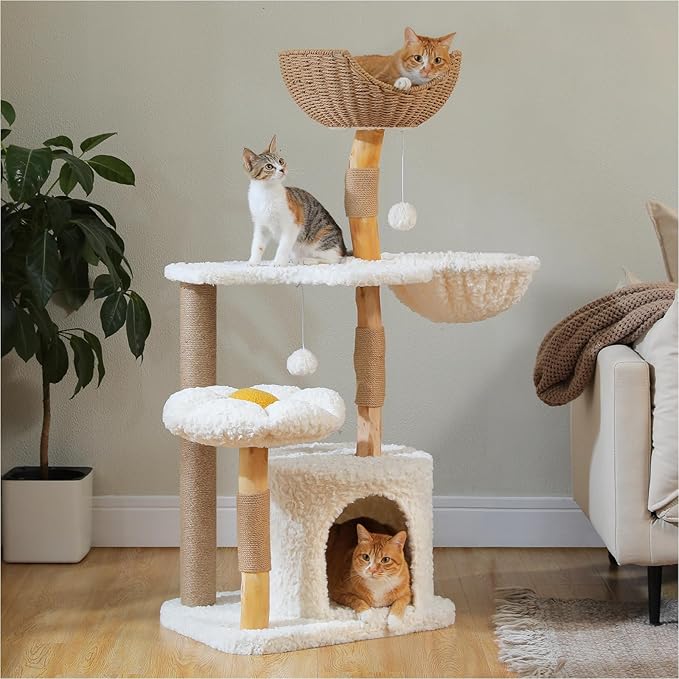 PEQULTI 48.5'' Modern Cat Tree for Large Indoor Cats Solid Wood Cat Tower with Luxury Cat Condo, Cozy Hammock, Scratching Post, Rattan Perch and Flower Cat Bed, White