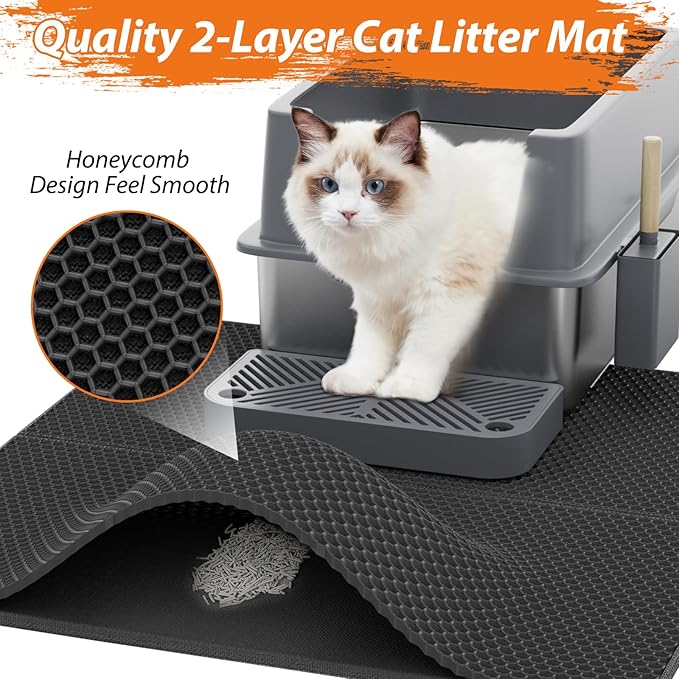 Stainless Steel Litter Box with Lid, 2 Pack XL Metal Cat Litter Box with Removable High Sided Enclosed, Foot Pedal & Scoop & Litter Mat for Big Cats, Anti-Urine Leakage, Non-Stick Bottom