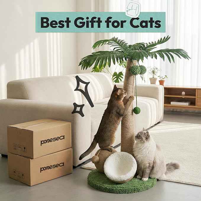 Cat Scratching Post 33 Inch Palm Tree with Hanging Balls and Double Coconut Toys, Cat Scratcher for Indoor Kittens, Extra Stable Base, Paw-Friendly Jute Material M