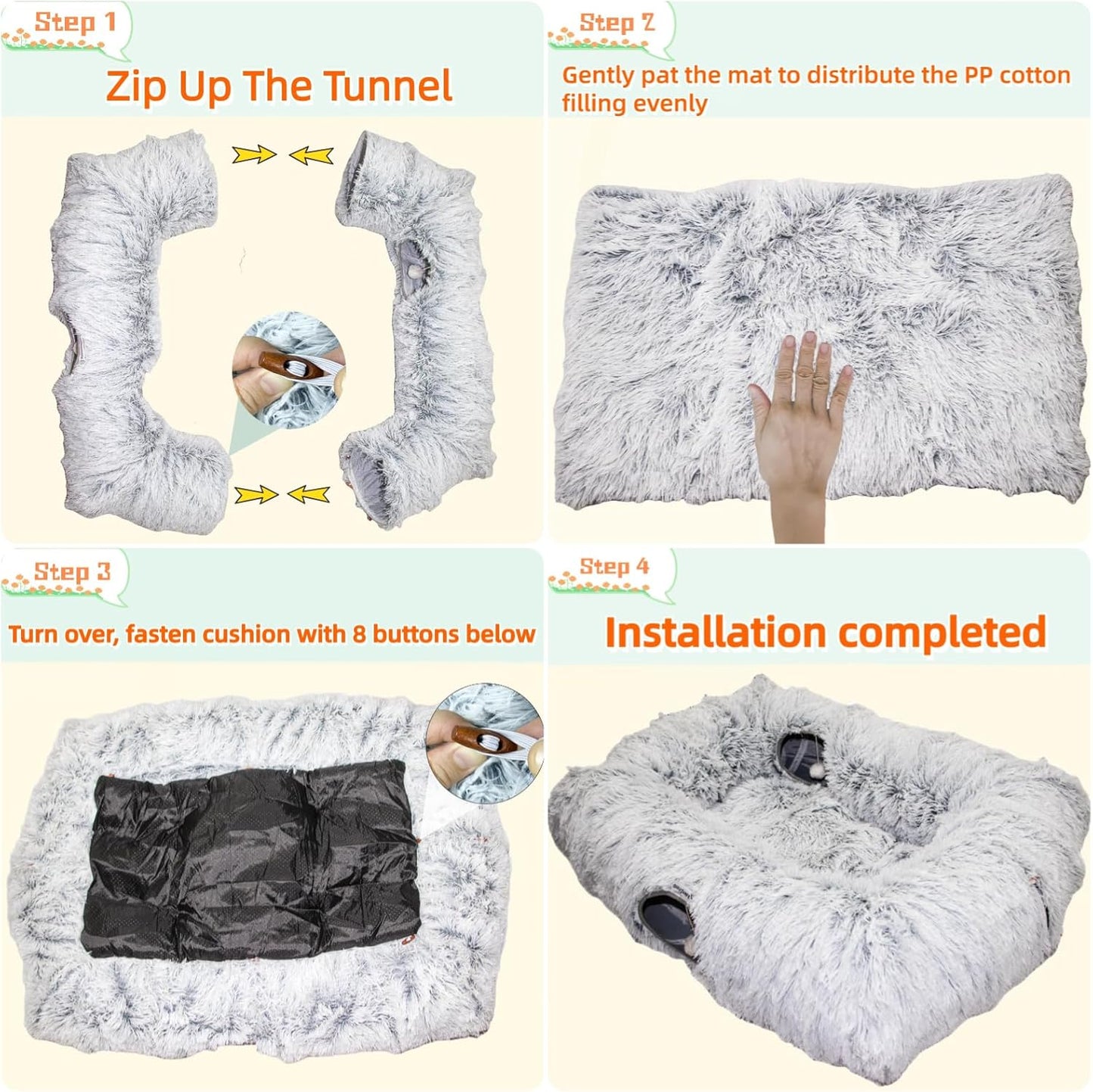 XxingSheep 4 Cave Shuttled XL Cat Tunnel Bed for Indoor Cats Peekaboo Toy Donut with Warm Mat, Yellow-Brown