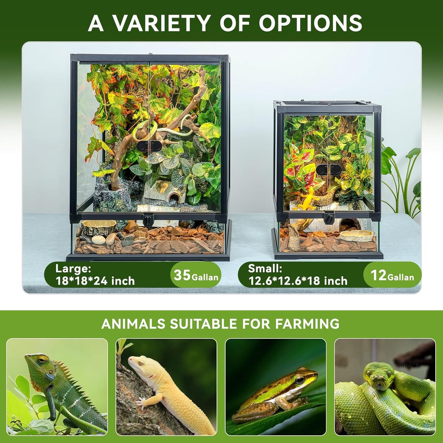 24x18x18'' 35 Gallon Glass Reptile Tank Front Opening Terrarium Suitable for Leopard Geckos, Snakes, Tree Frogs, Chameleons,Watertight Base, Ventilated Metal Mesh Top, Pre-Drilled Cable Holes - FurryFun