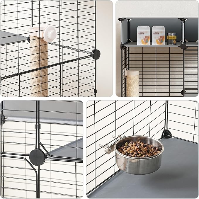 HOOBRO Cat Cage with Litter Box, 3 Tier Indoor Cat Enclosure Playpen with Storage, Food Bowls and Scratching Post, Detachable Metal Wire Kennel Crate, 27.6" L x 17.7" W x 48.8" H, Black and Grey