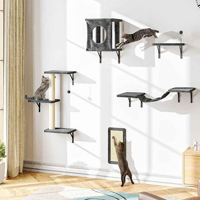 NUNU LAB Wall Mounted Cat Wall Shelves, 10-in-1 Cat Wall Climber with Kitten House, Bridge, Steps, Scratcher, Indoor Space-Saving Furniture for Kittens Play, Gray