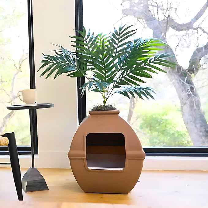 Good Pet Stuff Hidden Litter Box Planter, Decorative Cat Litter Enclosure with Carbon Filter, Artificial Plant, Easy Clean, Indoor Design, Courtyard Square Style, Essentials Kit, Mocha Brown