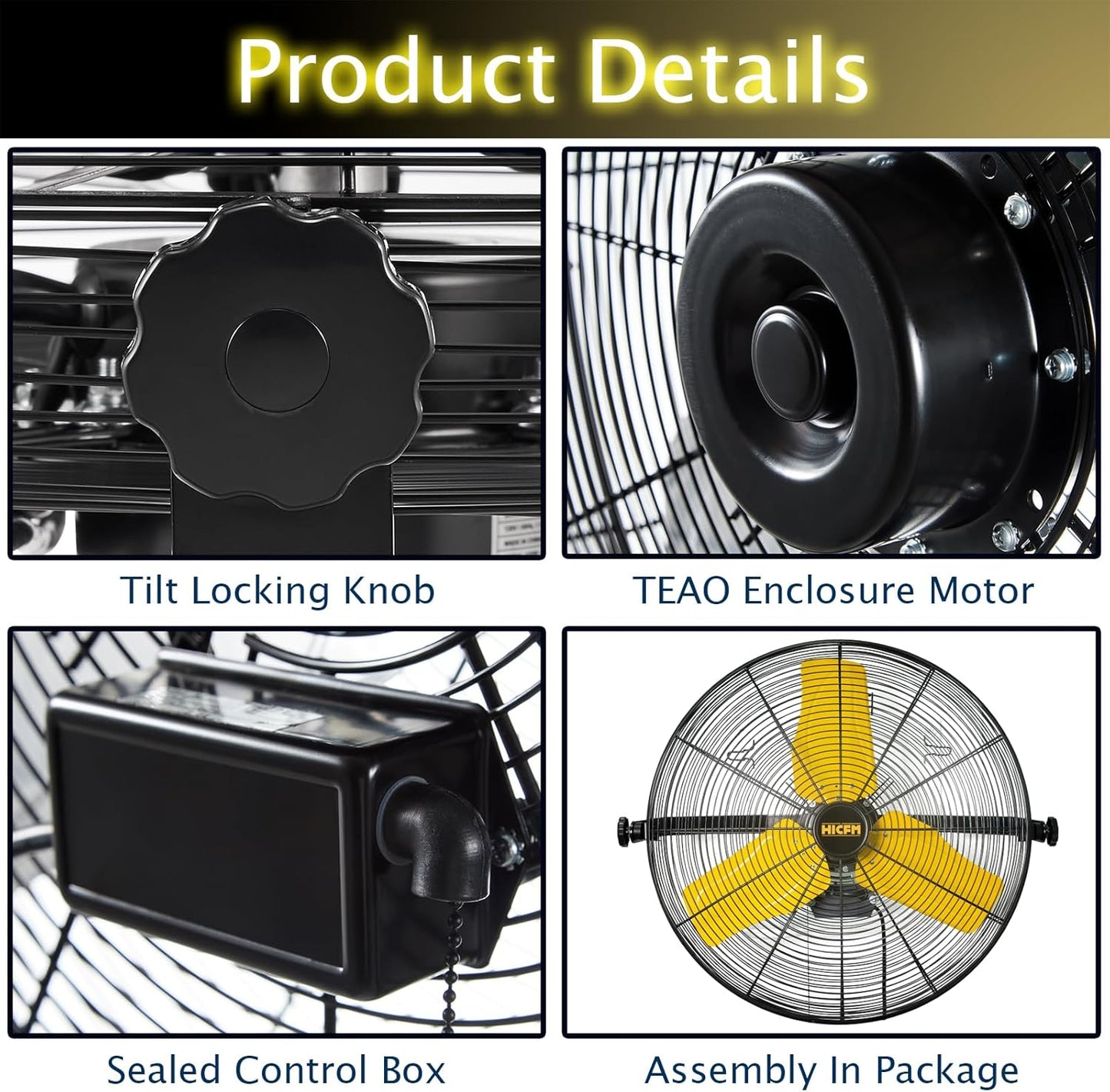 HiCFM 9100 CFM 24 inch Heavy Duty Industrial Wall Mounted Fan with TEAO Enclosure Motor, Permanent Lubricated Ball Bearing, 180 Degree Tilting, Safety Yellow Blade Wall Fan - UL Listed, 2 PACK