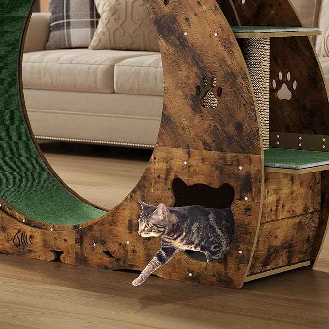 55" Multi-Cat Exercise Wheel with 3-Level Jumper & Scratching Pad - Silent TPE Spinner Activity Center with Rest Area to Prevent Boredom and Obesity in Indoor Cats