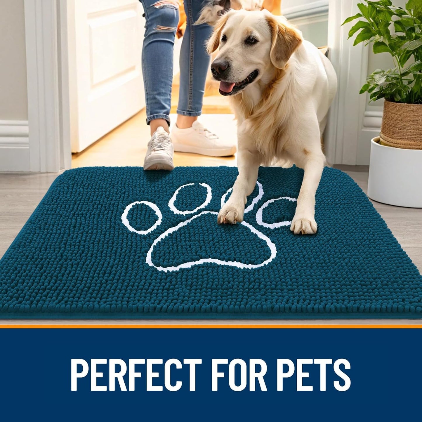 OLANLY Door Mat for Muddy Dog Paws 47x32, Absorbent Chenille Mud Doormat with Paw Print Design, Non-Slip Washable Doormat for Indoor Entryway, Quick-Dry Pet Bed Mats for Dirty Dogs, Atlantic Blue