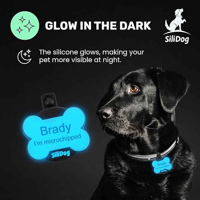 SiliDog AirTag Holder Silent Dog ID Tag – Personalized Engraved Silicone Pet Tag – Durable, Glow-in-The-Dark – Blue Bone