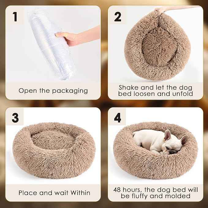 Dogs Bed for Small Dogs, Anti-Anxiety Washable Round Bed (Camel, 24.0" L x 24.0" W x 8.0" Th)