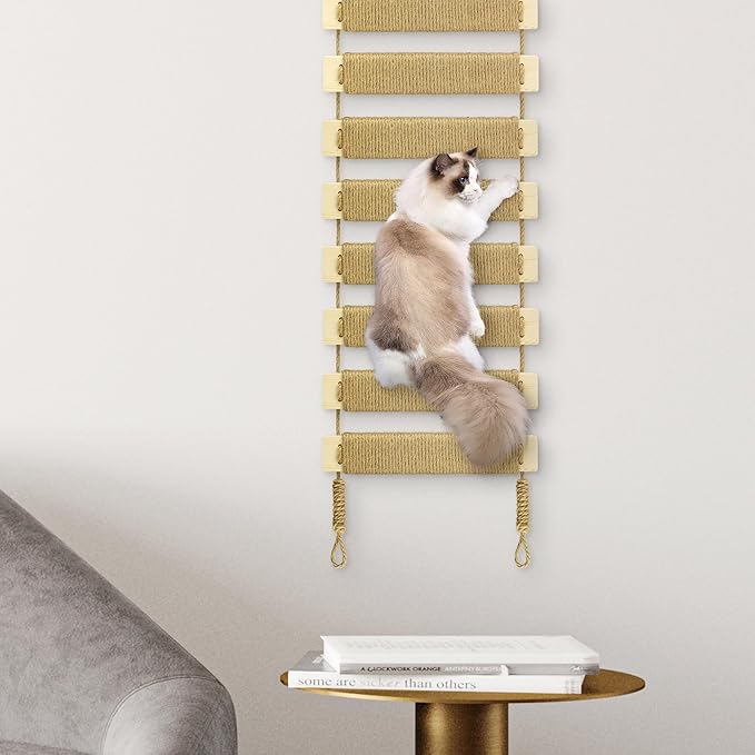 Adjustable Cat Ladder & Bridge - Multi-Functional Wall Furniture Climbing Frame | Sisal-Rope Wrapped Rungs for Secure Climbing | Indoor Cats, Small Pets | Cage Accessories (Wood)