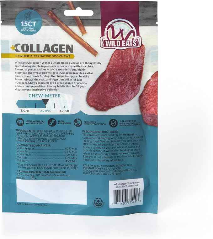 Wild Eats Water Buffalo Collagen Sticks for Dogs (15 Pack, 1 cm Wide) Long Lasting Dog Chews, No Hide Dog Treat Bully Stick Alternative, Rawhide Free, Grain Free, High Protein