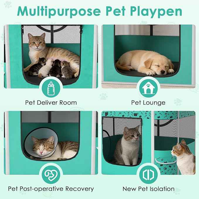 Cat Playpen - Portable Dog Playpen with Litter Box, Foldable Soft Dog Crate for Indoor/Outdoor, Pop Up Cat Enclosure, Collapsible Puppy Kitten Rabbit Cage Tent,2-Room