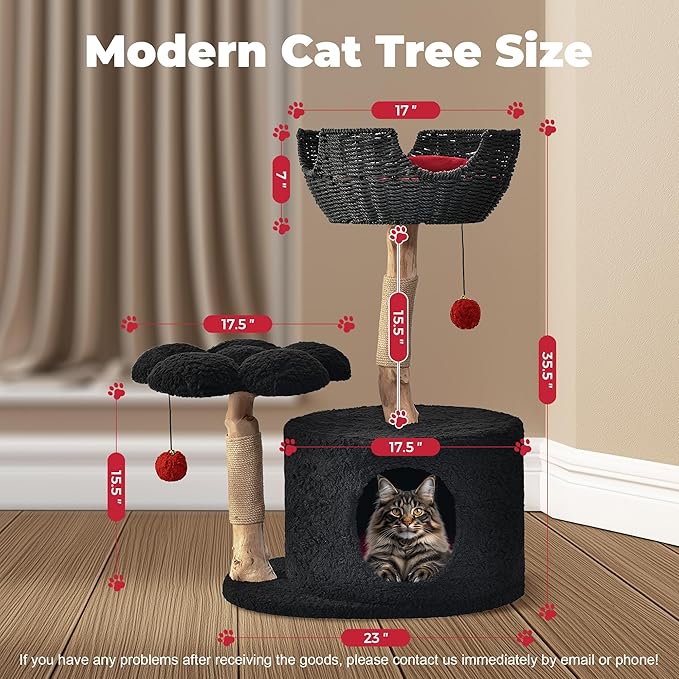 Easyego Modern Cat Tree, Aesthetic Wood Cat Tree Tower for Large Cats, Luxury Cat Condo with Scratching Posts and Flower Platforms, Cat Furniture by Easyego,(Modern Black)