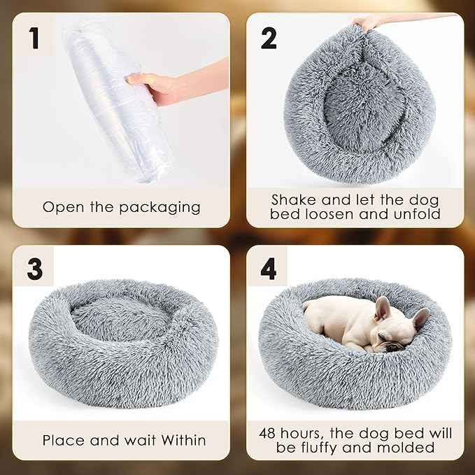 Dogs Bed for Small Dogs, Anti-Anxiety Washable Round Bed (Light Grey, 24.0" L x 24.0" W x 8.0" Th)