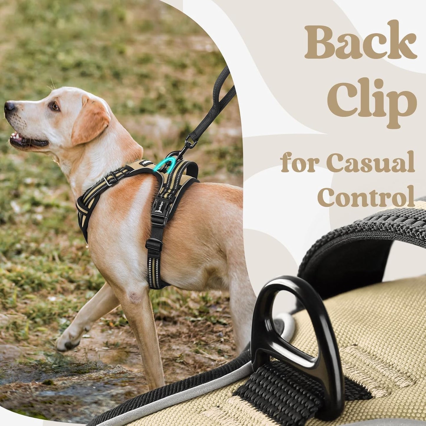 rabbitgoo Dog Harness Medium Sized, No Pull Pet Harness with 3 Buckles, Adjustable Soft Padded Vest with Control Handle, Walking Reflective Pet Vest for Medium Dogs, Beige, M