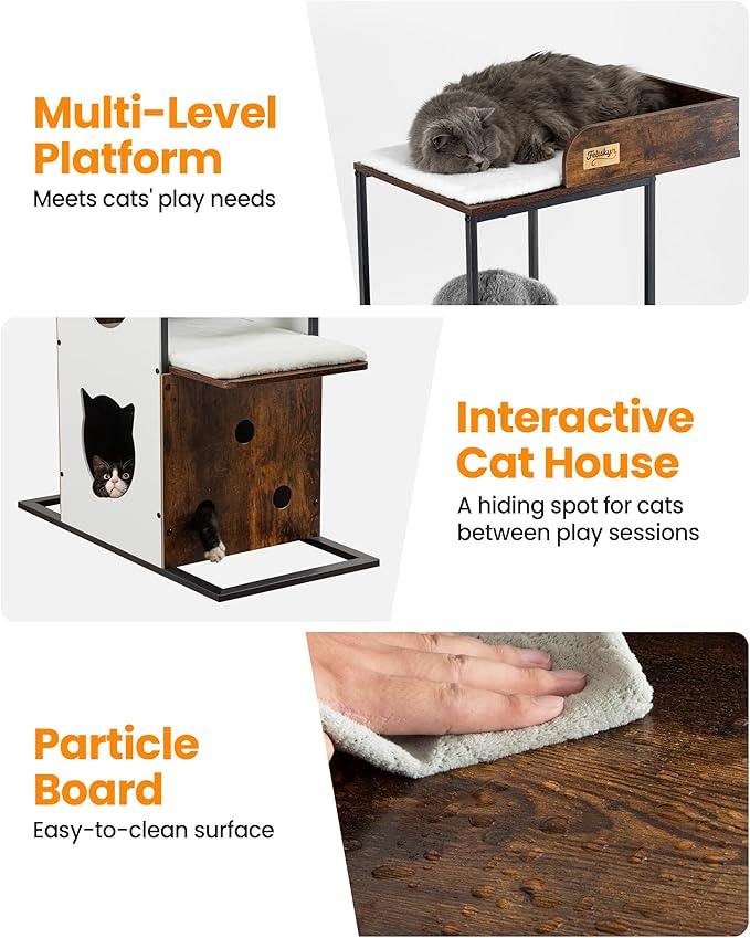 Modern Wood Cat Tree Tower, 84 Inch Extra Tall Cat Condo Trees for Indoor Cats Large Adult, XL Multi-Level Heavy Duty Wooden Sturdy Cat House Furniture with Platform Perch Bed Scratching Post Board