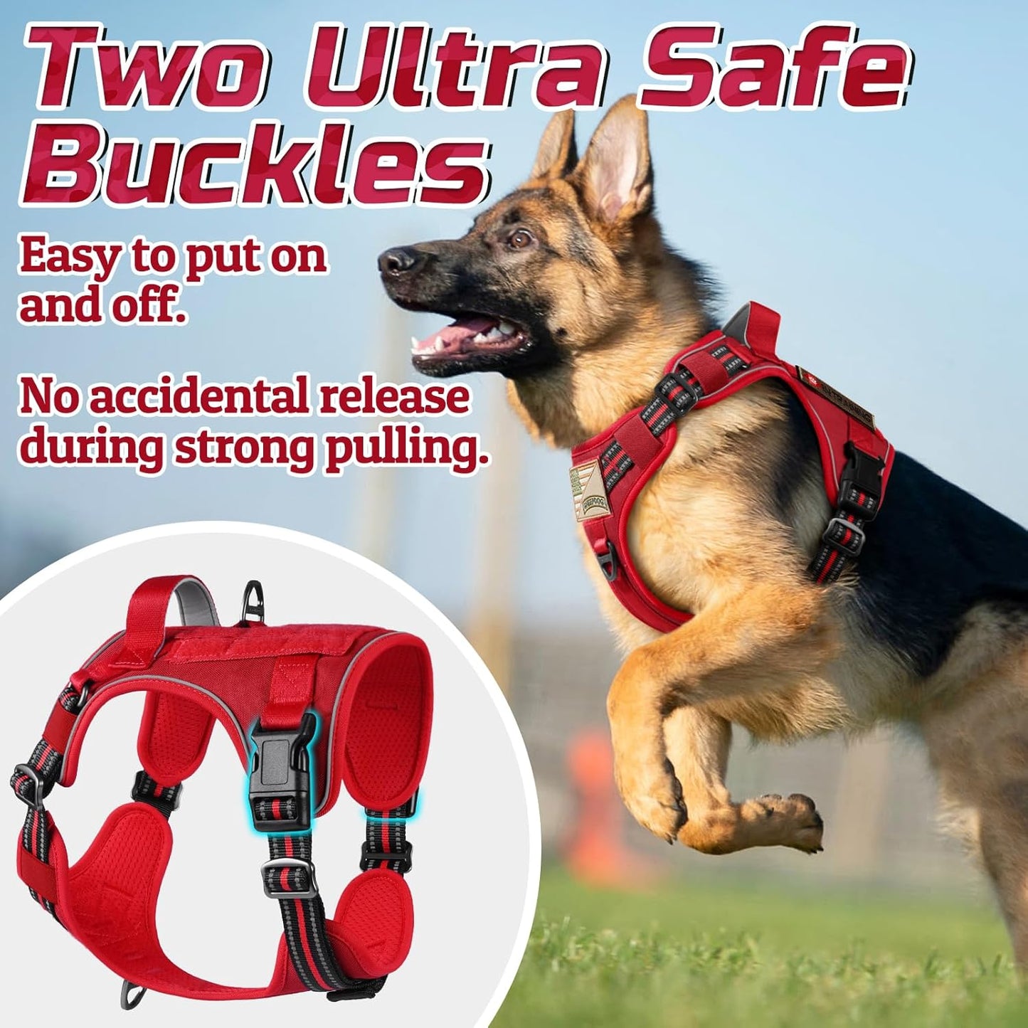 rabbitgoo Tactical Dog Harness for Large Dogs, No Pull Military Service Vest with Handle & Molle, Easy Control for Training Walking, Adjustable Reflective Straps, Red, L