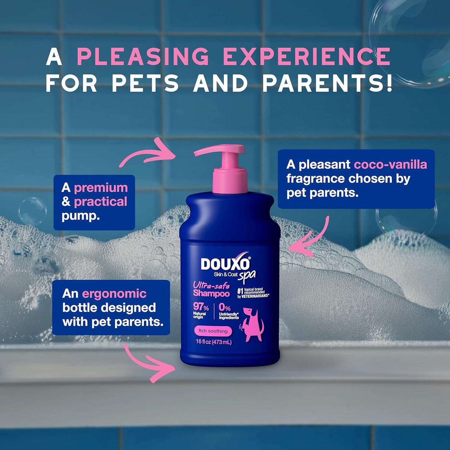 DOUXO® Skin & Coat SPA - Ultra-Safe Dog Shampoo for Itchy Skin, 16 fl oz, Skin-Friendly Formula Cleans and Soothes, Leaves The Coat Soft and Radiant