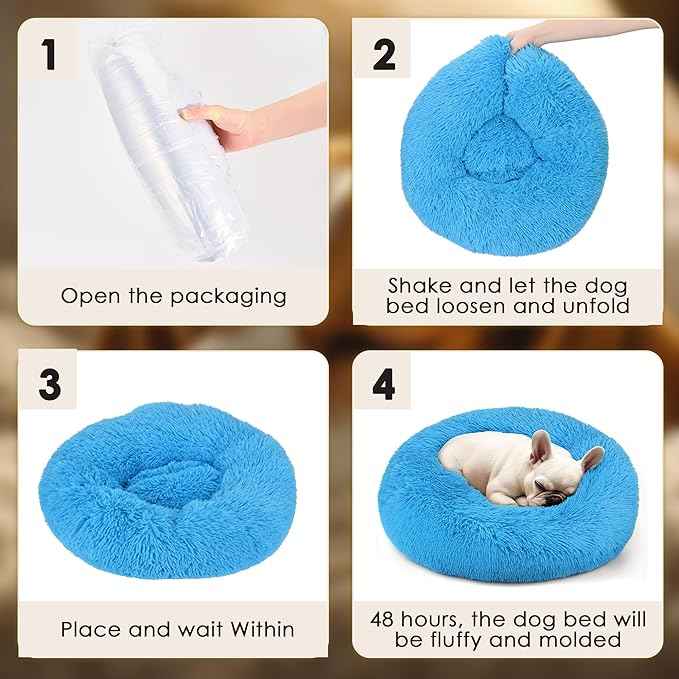 Dogs Bed for Small Dogs, Anti-Anxiety Washable Round Bed (Light Blue, 24.0" L x 24.0" W x 8.0" Th)