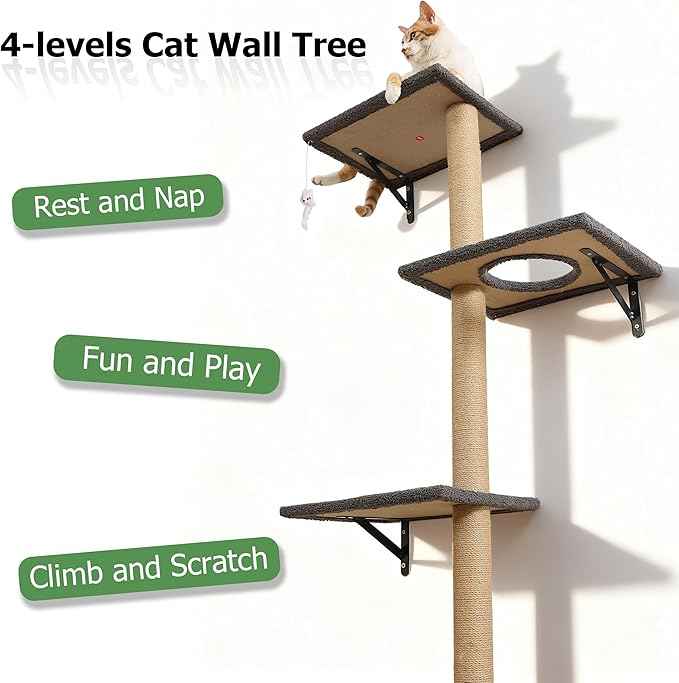 Cat Tree Wall Mounted,Tall Scratching Post for Indoor Cats Climbing Tower Activity Wood Cat Wall Furniture (Grey)