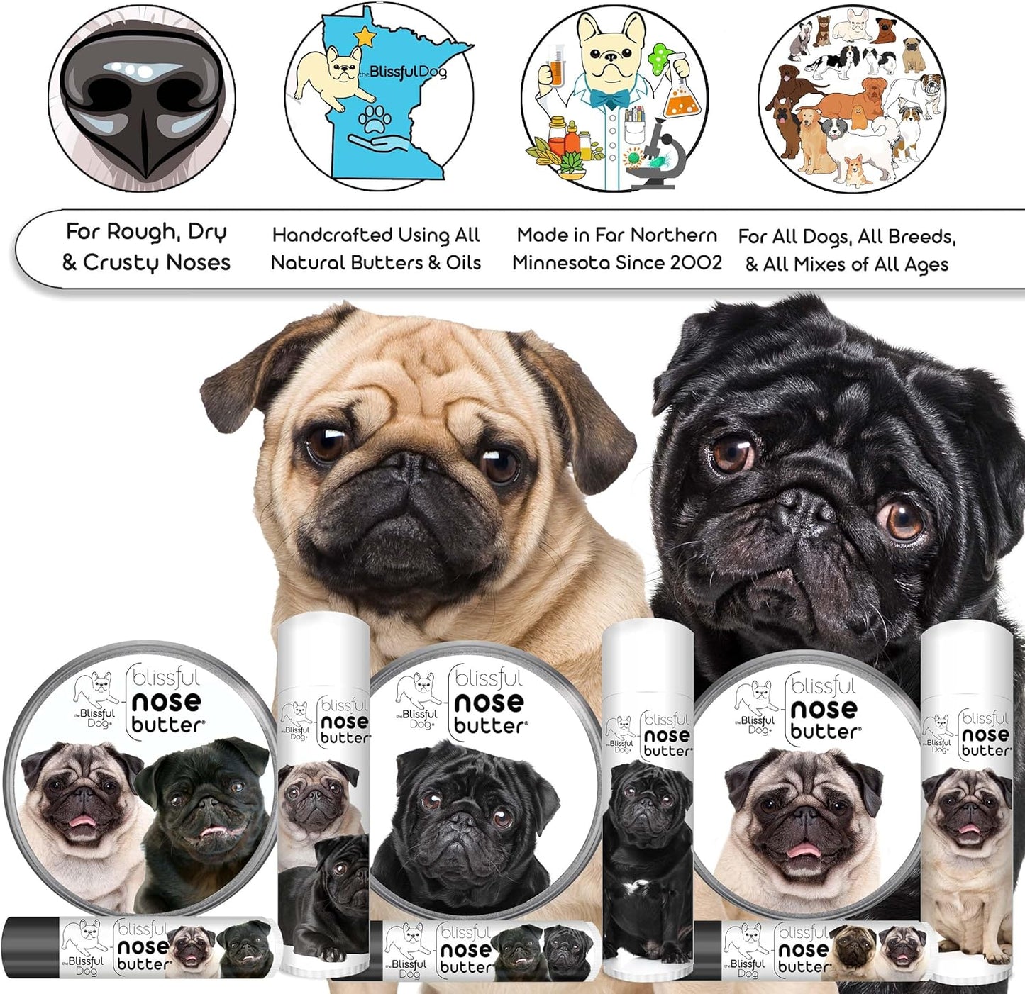 The Blissful Dog Pug Duo Unscented Nose Butter - Dog Nose Butter, 16 Ounce