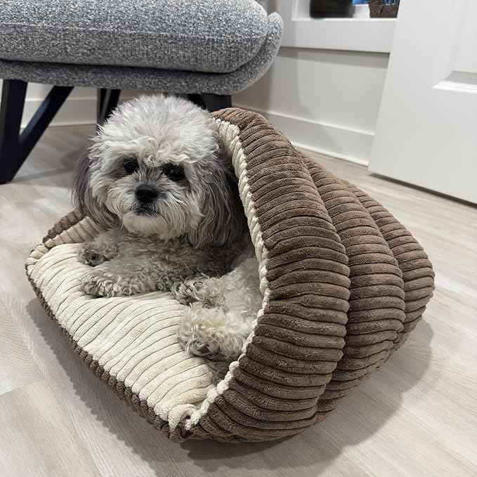SPOT Sleep Zone Cuddle Cave - Cat Cave Bed for Indoor Cats and Mini Dogs, Durable, Comfortable, Washable for Kittens and Puppies Under 10 lbs and 12 inches Long, Corduroy Brown
