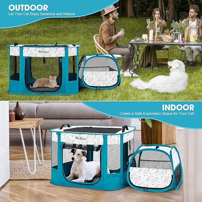 Portable Cat Playpen with Litter Box, Cat Enclosure for Camping, Cat Recovery Playpen After Surgery, Foldable Indoor Outdoor Pet Tent for Cats Rabbits Puppies (Peacock Blue)