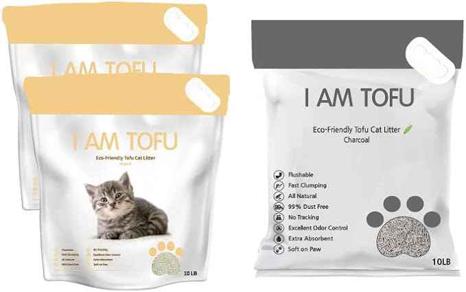 I AM TOFU - Tofu Cat Litter, Natural Flushable Extra Clumping Pellet Litter, 10LB x 3 (Original 2 & Charcoal1)