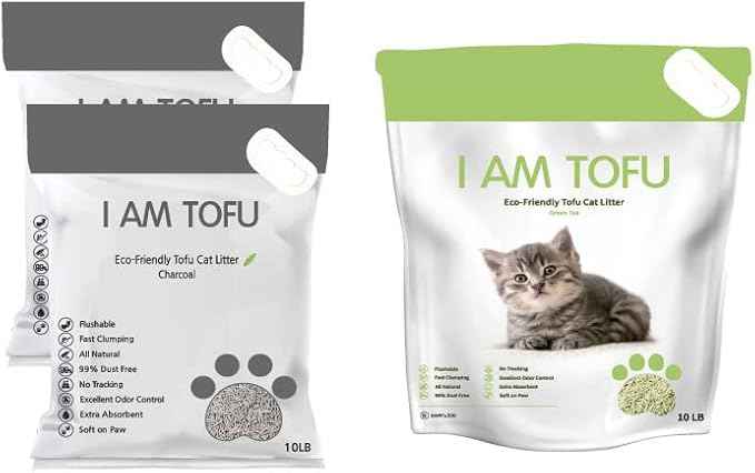 I AM TOFU - Tofu Cat Litter, Natural Flushable Extra Clumping Pellet Litter, 10LB x 3 (Charcoal 2 & Green Tea 1)