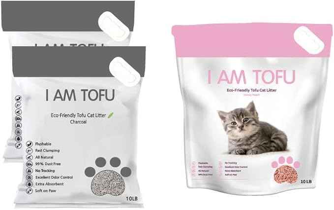 I AM TOFU - Tofu Cat Litter, Natural Flushable Extra Clumping Pellet Litter, 10LB x 3 (Charcoal 2 & Honey Peach1)