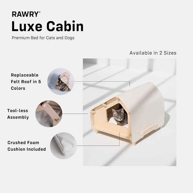 RAWRY Cat House – Covered Indoor Pet Bed with Cushion & Scratcher | Wood Cat Scratcher House for Cats, Kittens, Small Dogs