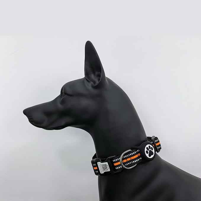 Airtag Dog Collar with QR Code Tag - Reflective Adjustable Nylon Collar, Quick Release Buckle for Small Medium Large Dogs, Comfortable Padded Lining (Orange, L)