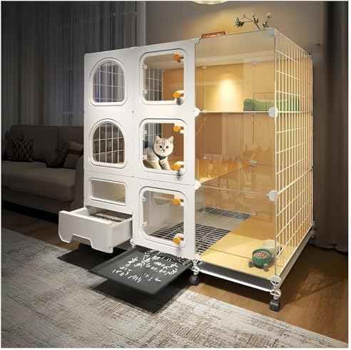 Indoor cat cage with Litter Box, Complimentary Cat Bed, Bow,lcat House with Wheels Outdoor,Large cat Villa Playpen, Small Animal Dog Kennel cat enclosures (42″(L) x18.2″(W) x46.2″(H))